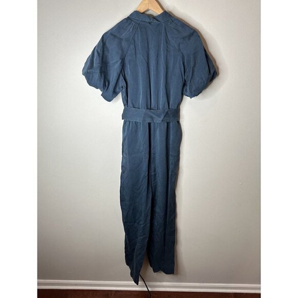 J. Crew Belted Jumpsuit Blue Puff Sleeve Boho Silky Pockets Button Down 2 $268 - Picture 5 of 11